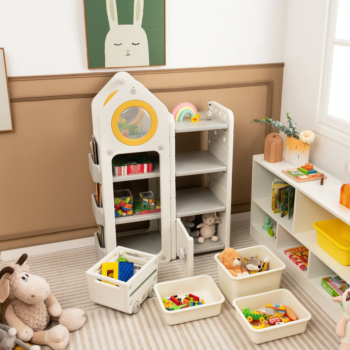 Cofre de juguetes y estantería multiusos con carrito móvil para dormitorio-Gris