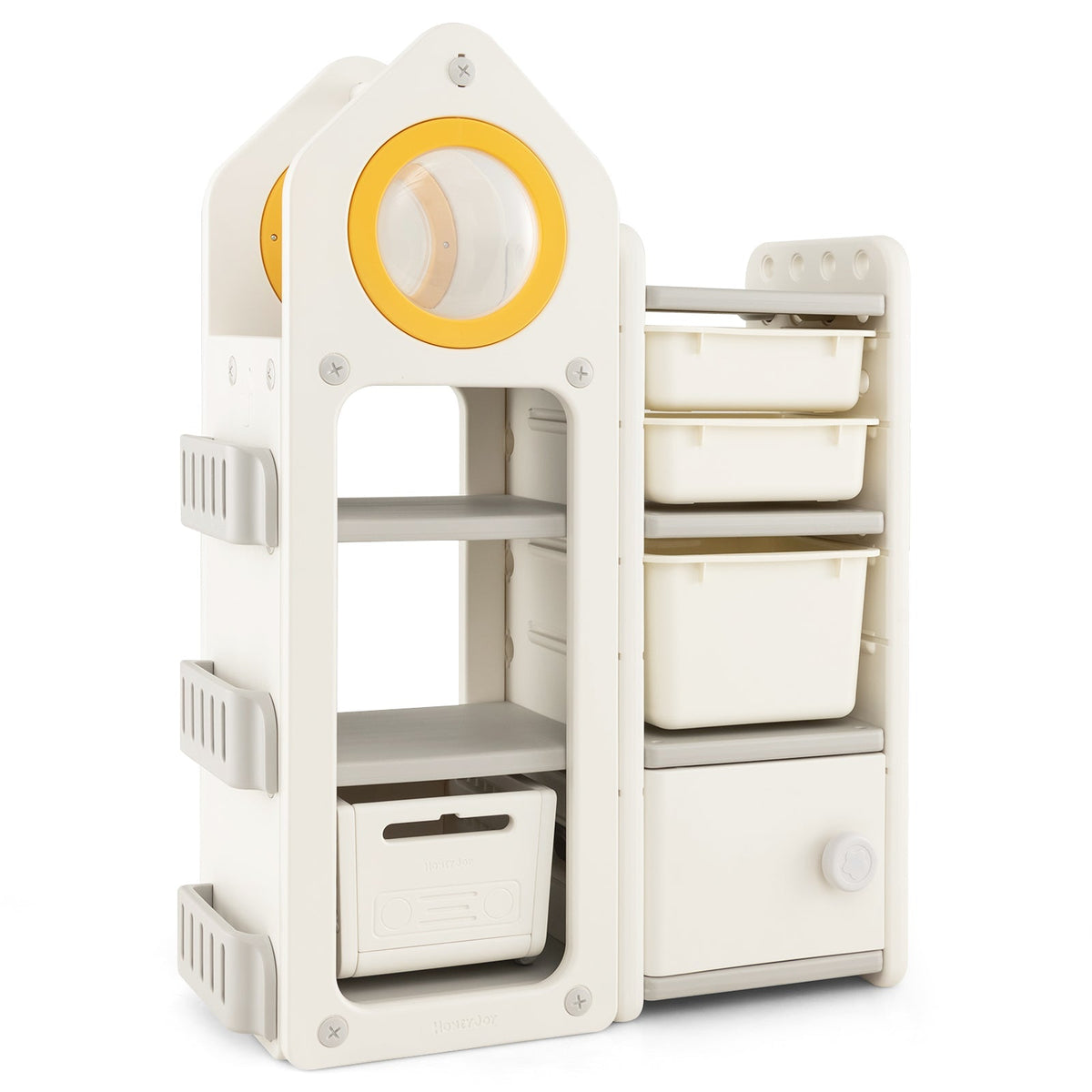 Cofre de juguetes y estantería multiusos con carrito móvil para dormitorio-Gris
