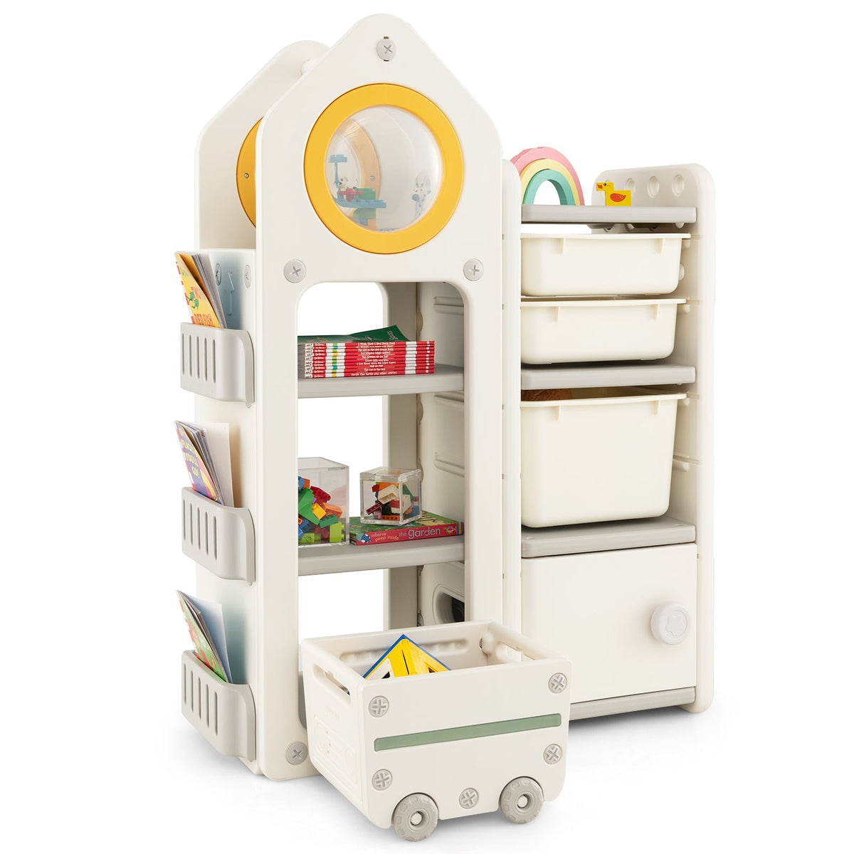 Cofre de juguetes y estantería multiusos con carrito móvil para dormitorio-Gris