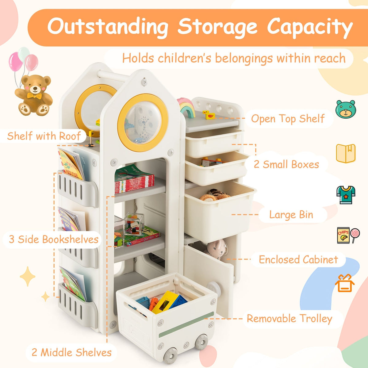 Cofre de juguetes y estantería multiusos con carrito móvil para dormitorio-Gris
