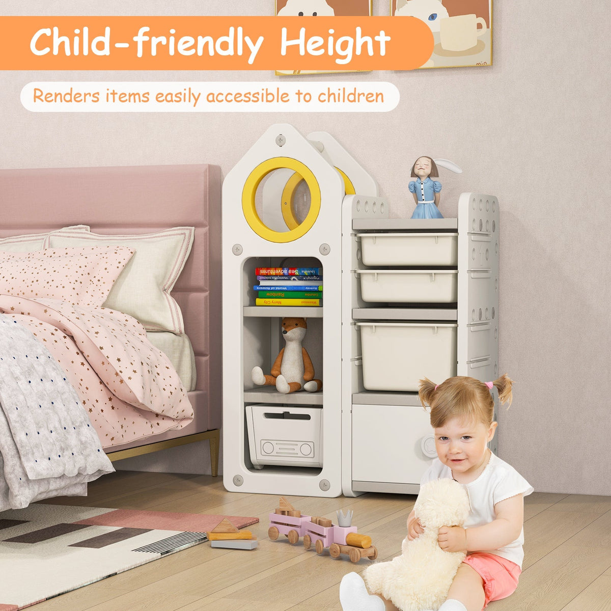 Cofre de juguetes y estantería multiusos con carrito móvil para dormitorio-Gris