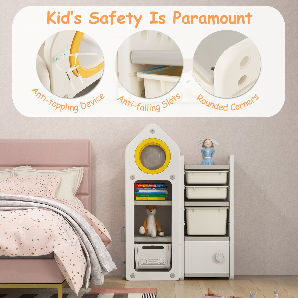 Cofre de juguetes y estantería multiusos con carrito móvil para dormitorio-Gris