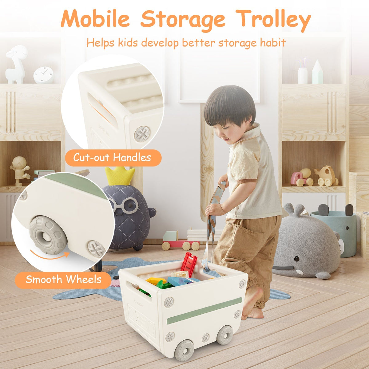 Cofre de juguetes y estantería multiusos con carrito móvil para dormitorio-Gris