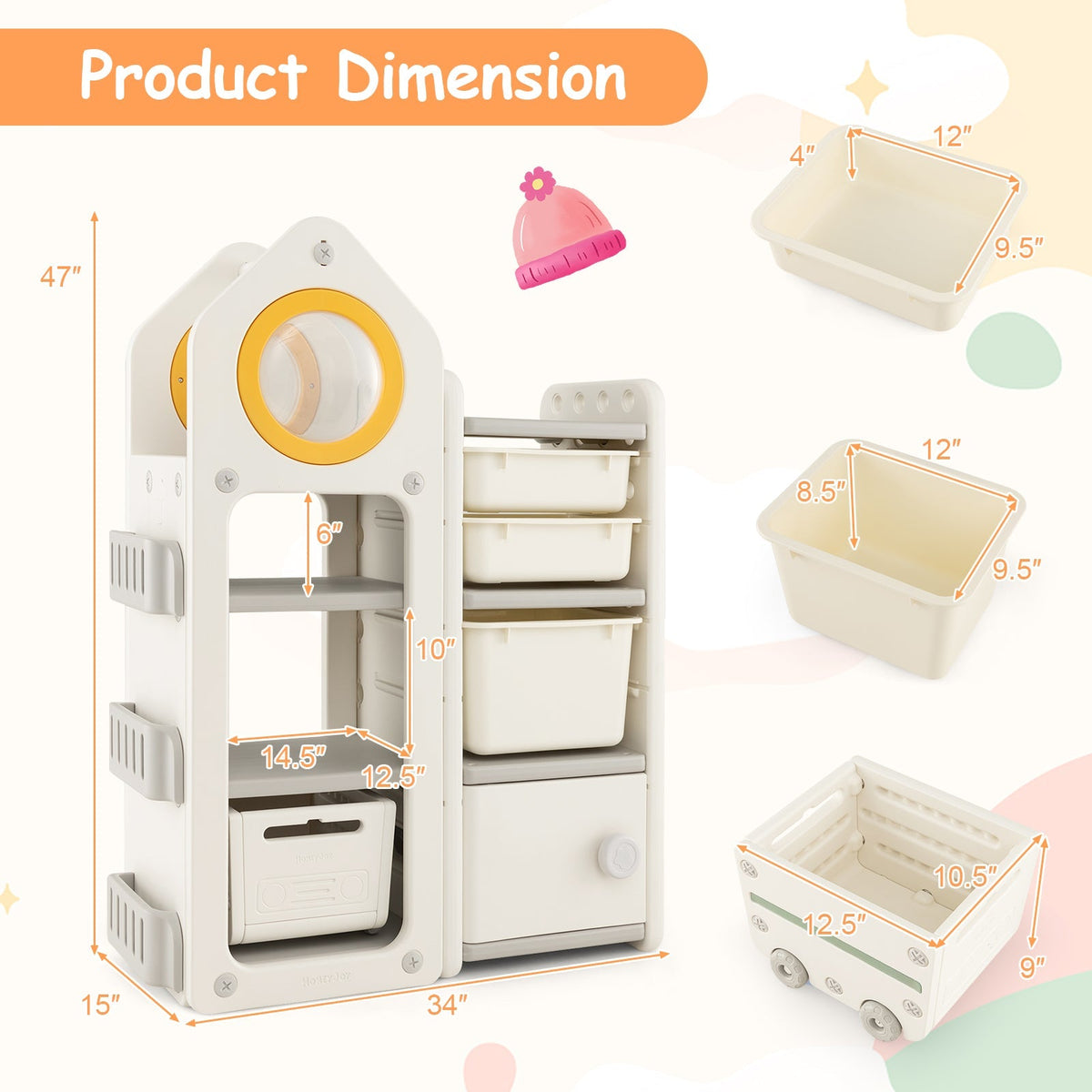 Cofre de juguetes y estantería multiusos con carrito móvil para dormitorio-Gris