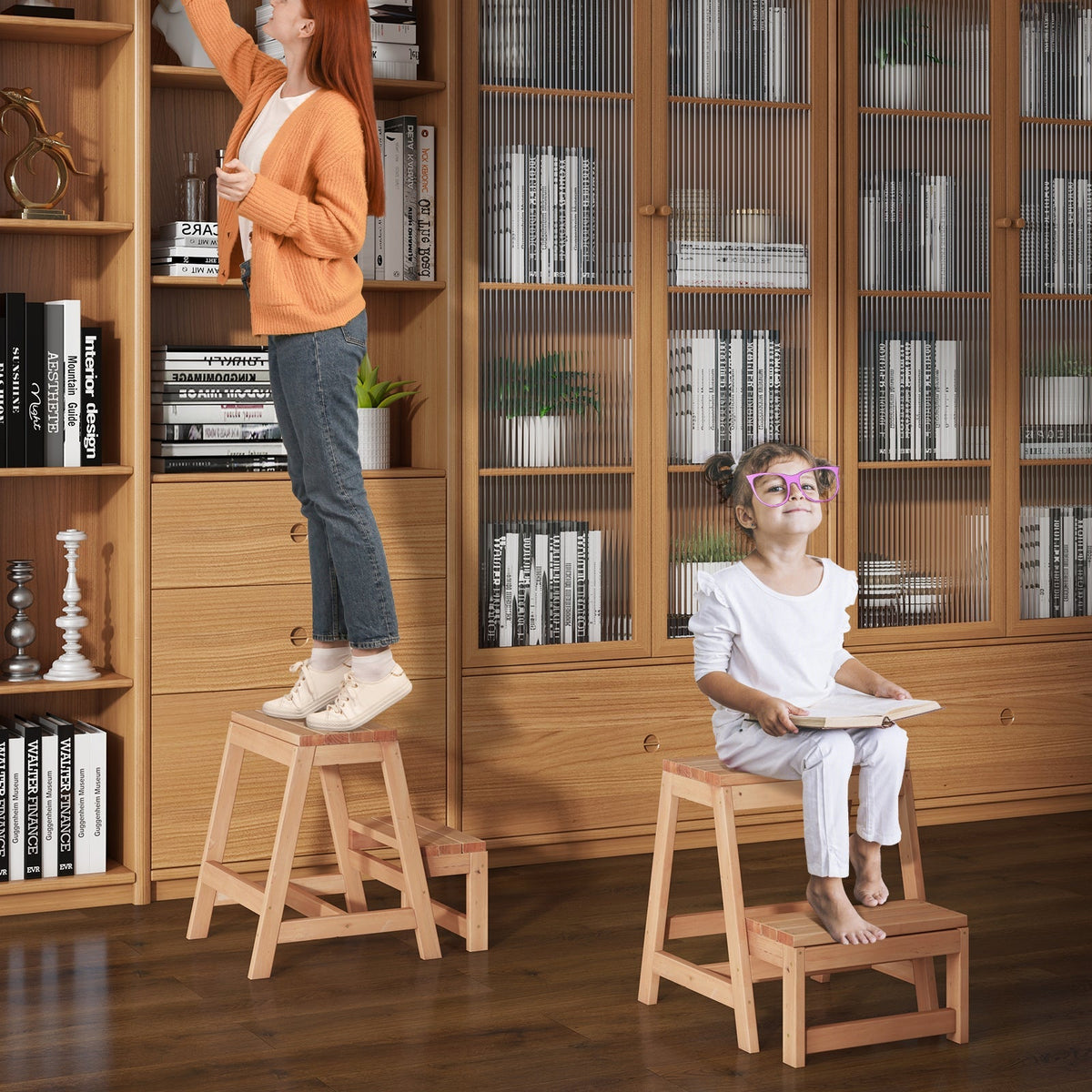 Multipurpose Wood Folding 2-Step Stool for Indoor Outdoor Plant Stand-Natural