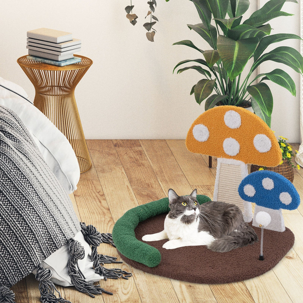 Cama para Gatos con Forma de Seta y Rascador para Gatos con Cama Ancha y Panel Rascador de Sisal - Multicolor