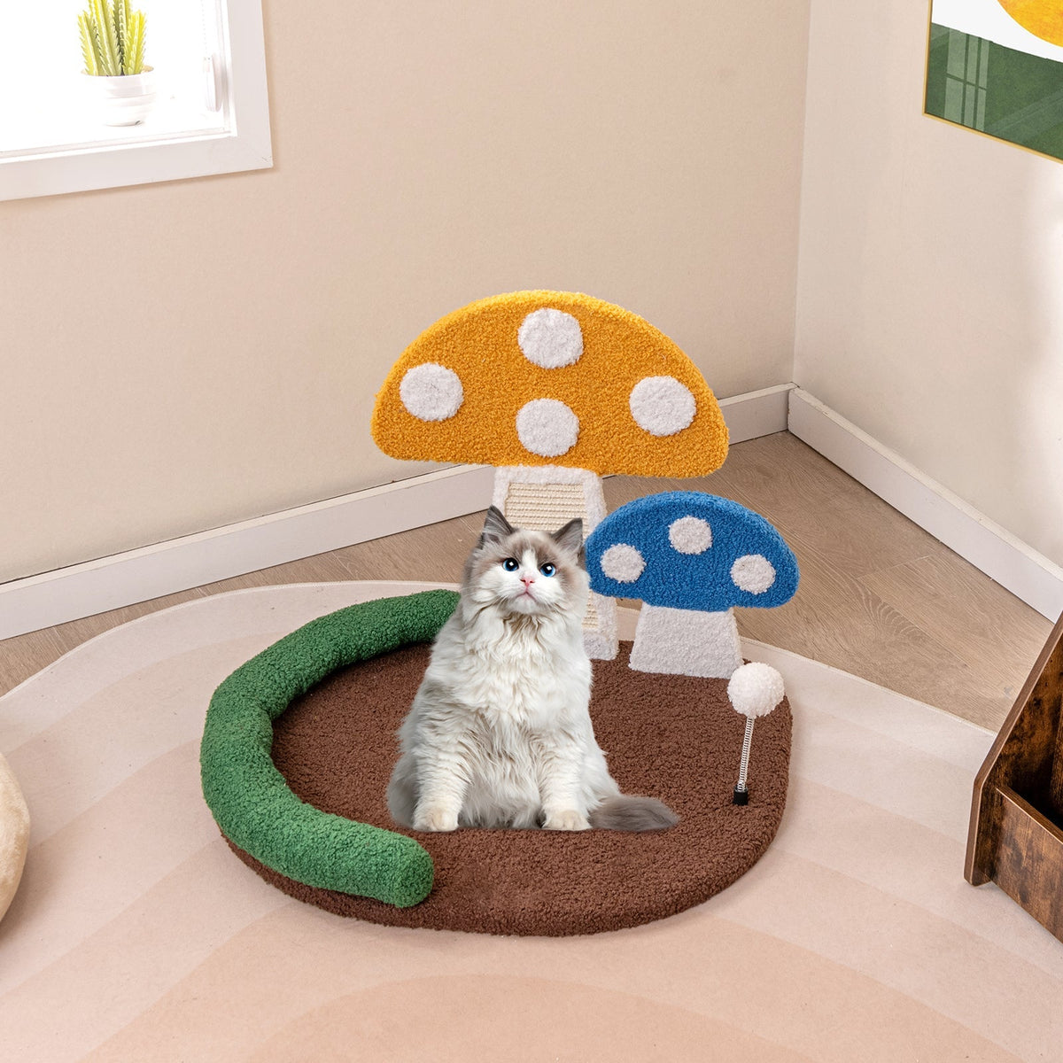 Cama para Gatos con Forma de Seta y Rascador para Gatos con Cama Ancha y Panel Rascador de Sisal - Multicolor