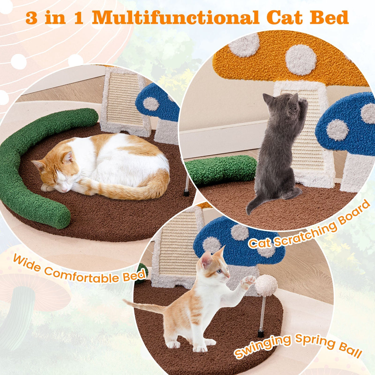 Cama para Gatos con Forma de Seta y Rascador para Gatos con Cama Ancha y Panel Rascador de Sisal - Multicolor