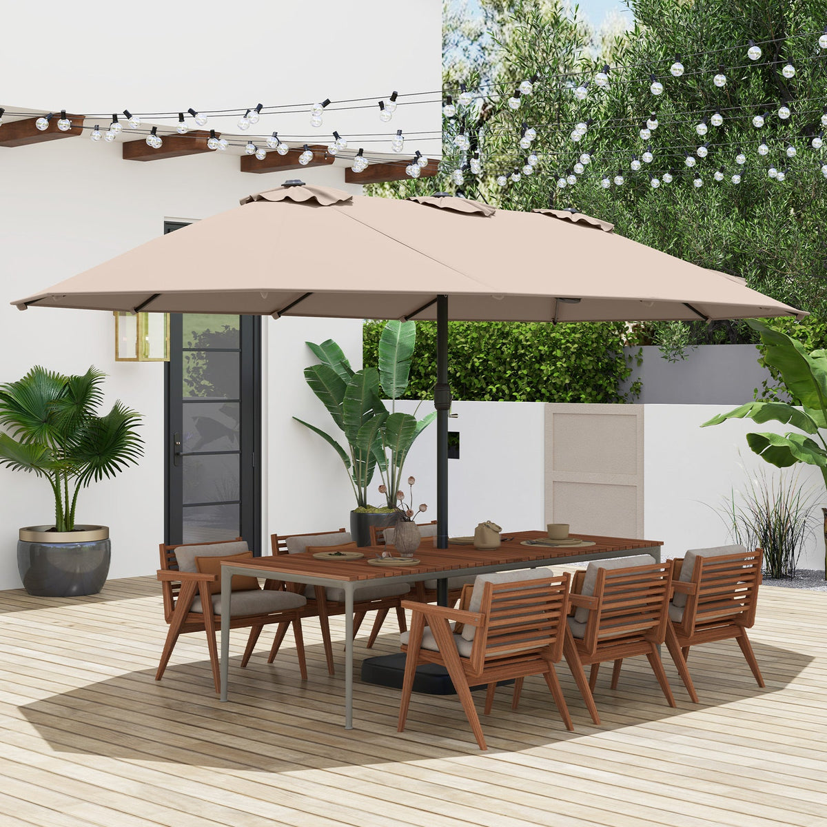 15 Feet Double-Sided Twin Patio Umbrella with Crank and Base