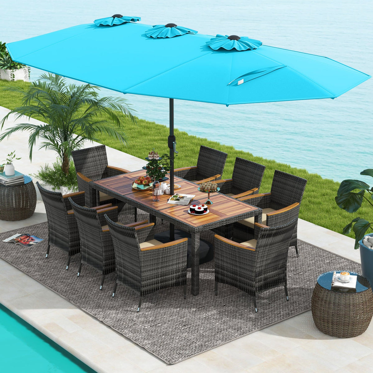 10 Pieces Patio Wicker Dining Set with 15 Feet Double-Sided Patio Umbrella
