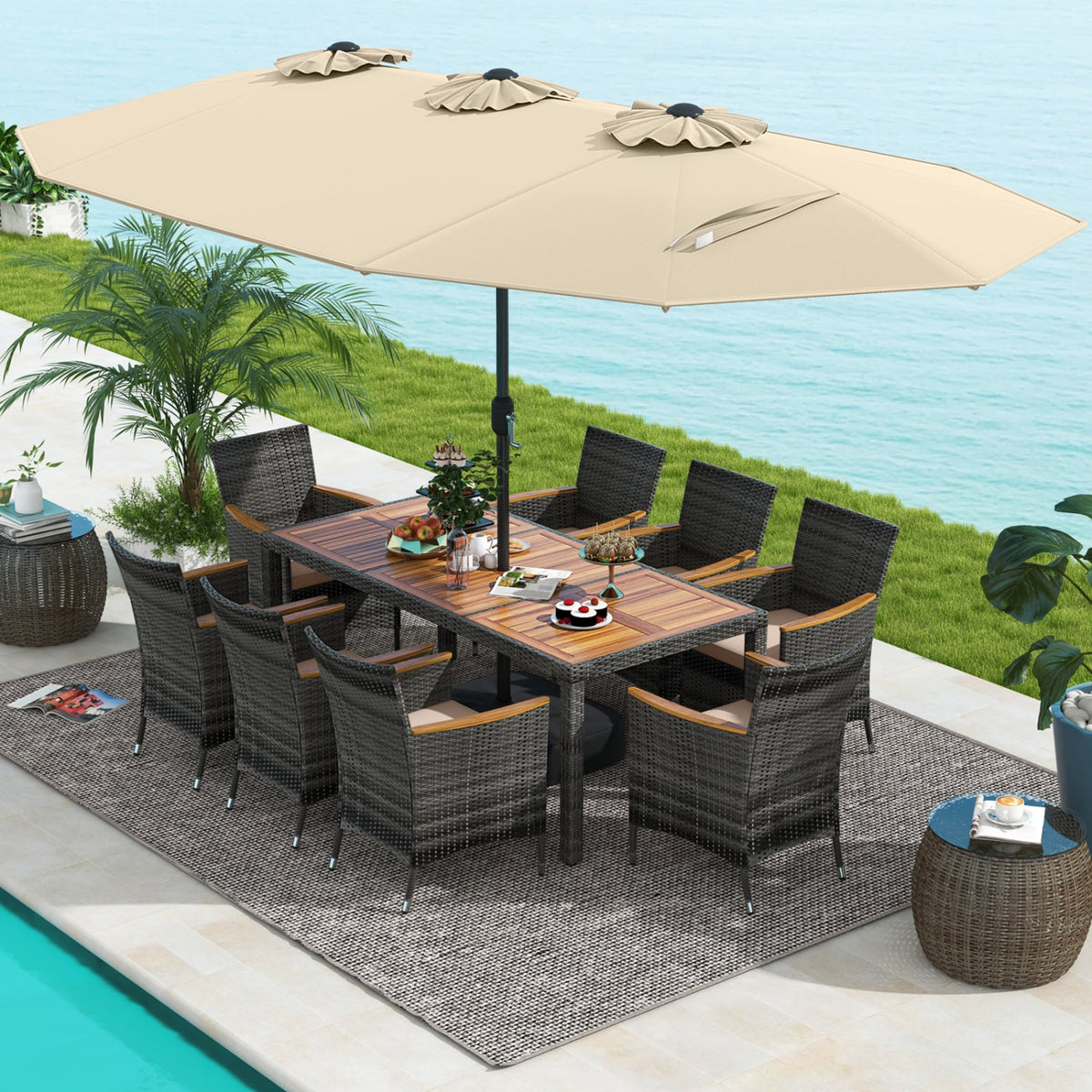 10 Pieces Patio Wicker Dining Set with 15 Feet Double-Sided Patio Umbrella