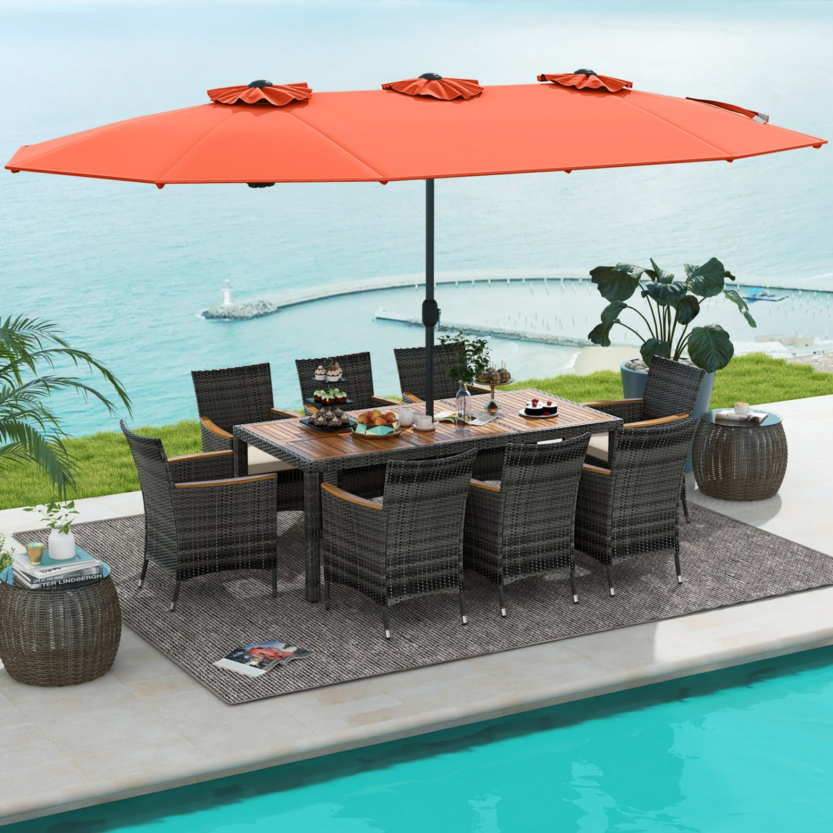 10 Pieces Patio Wicker Dining Set with 15 Feet Double-Sided Patio Umbrella
