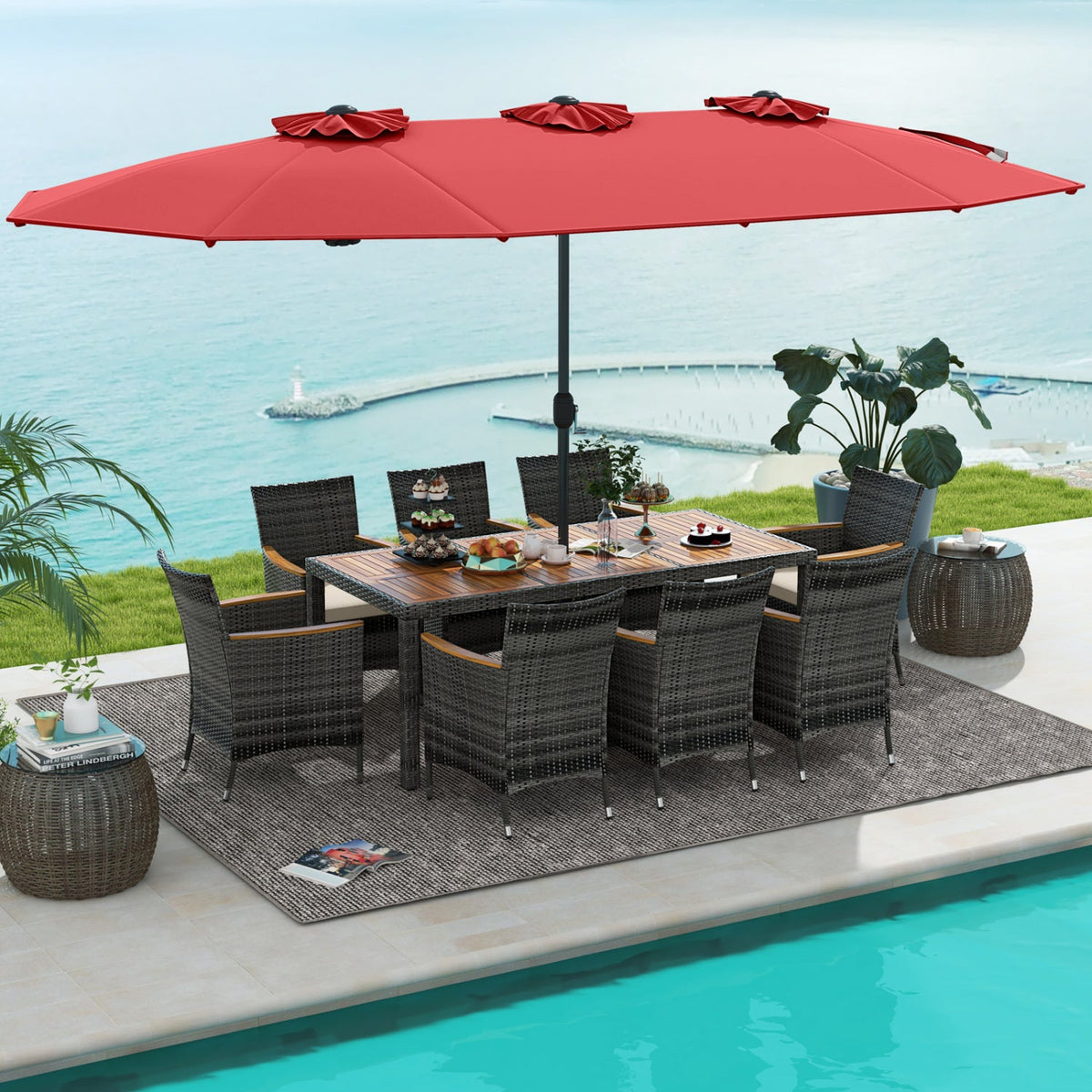 10 Pieces Patio Wicker Dining Set with 15 Feet Double-Sided Patio Umbrella