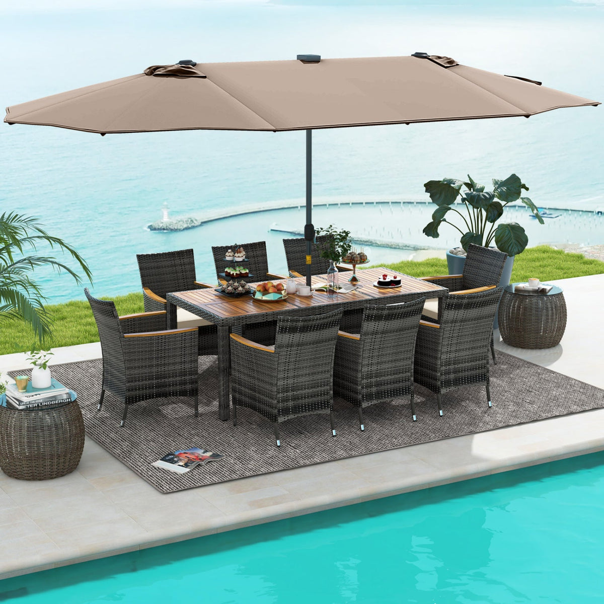 11 Pieces Patio Dining Set with 15 Feet Double-Sided Patio Umbrella Base Included