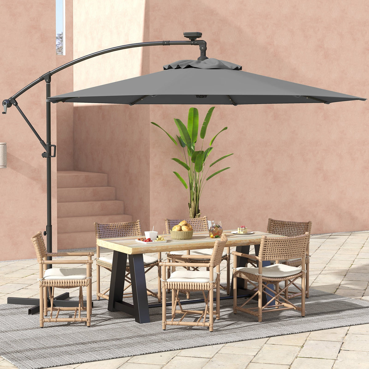 Sombrilla excéntrica de patio LED de 3 metros con rotación 360° con energía solar sin base de peso - Gris