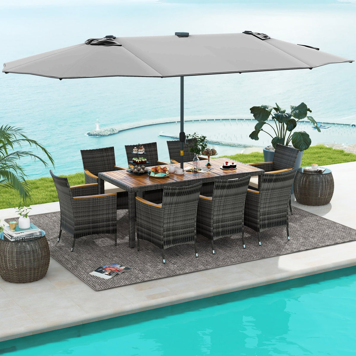 11 Pieces Patio Dining Set with 15 Feet Double-Sided Patio Umbrella Base Included