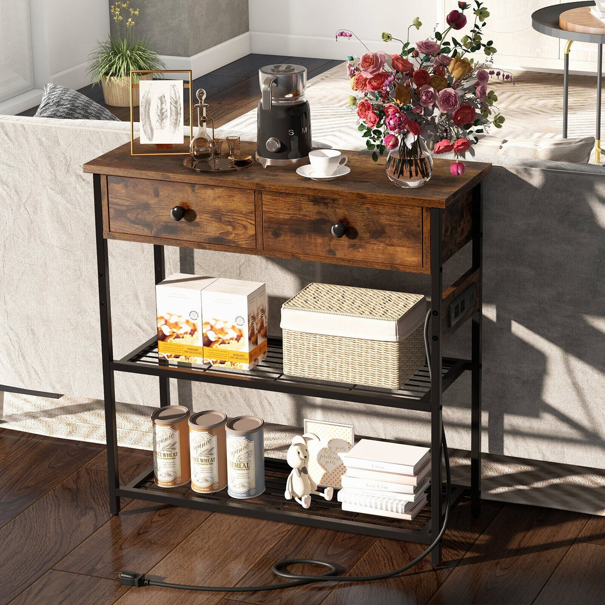 Narrow Console Table with 2 Drawers and 2 Metal Mesh Shelves