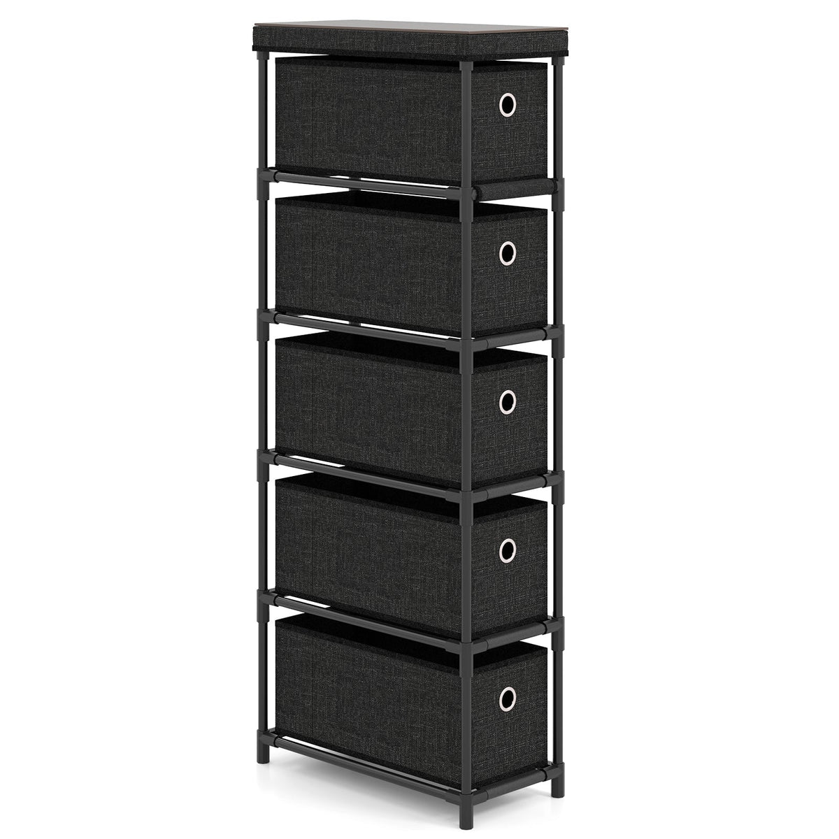 Narrow Dresser with 5 Drawers Slim Storage Tower with Metal Frame-Black