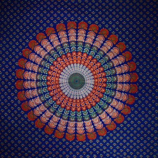 Navy Blue Peacock Mandala Tapestry Cotton Wall Hanging