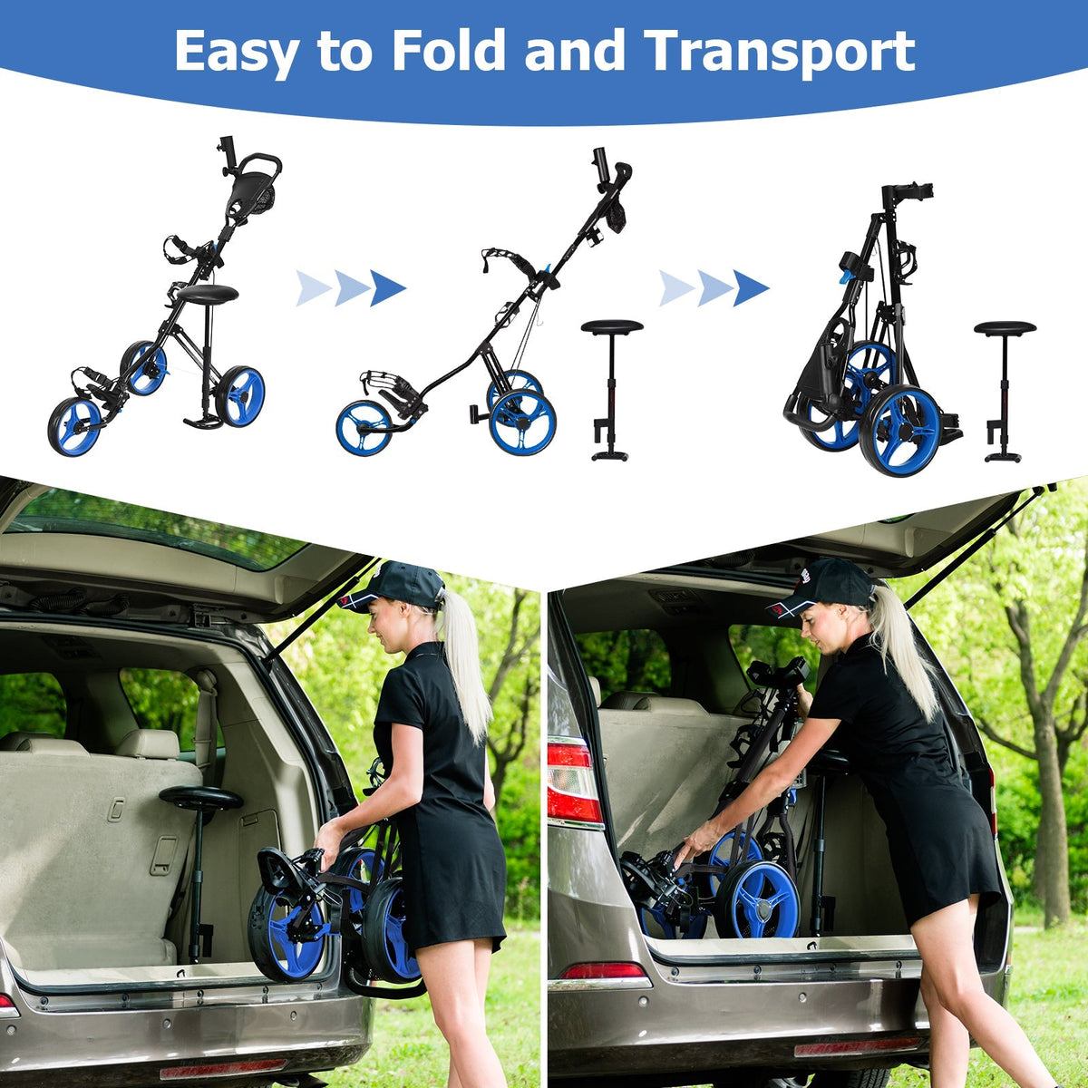3 Wheels Push Pull Golf Trolley with Scoreboard Bag