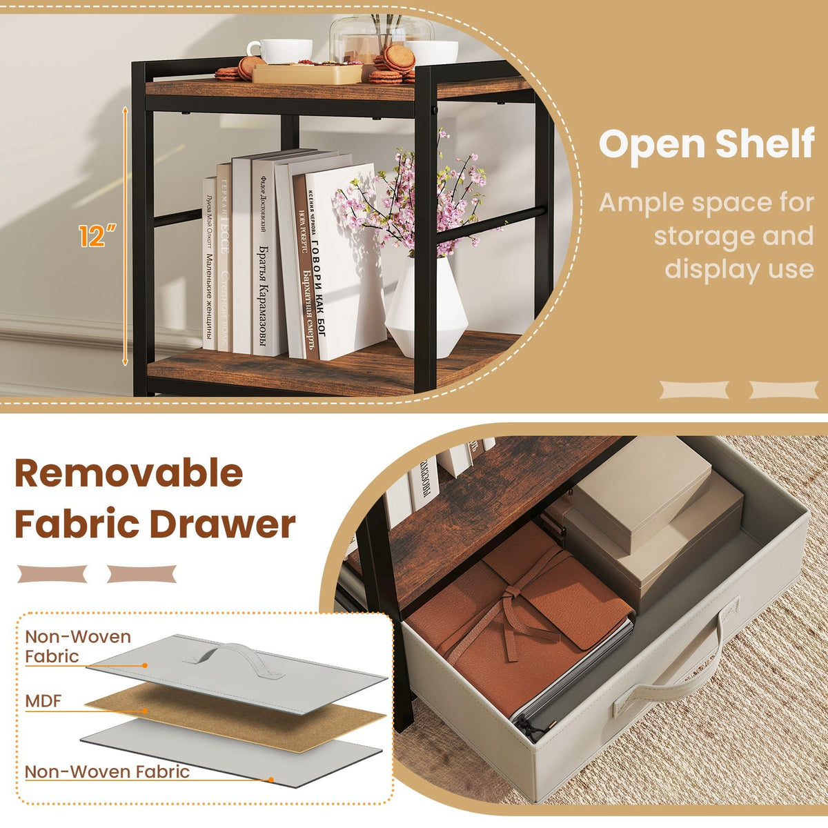 Nightstand Industrial Bedside Table with Open Storage Shelf and Fabric Drawer-Rustic Brown