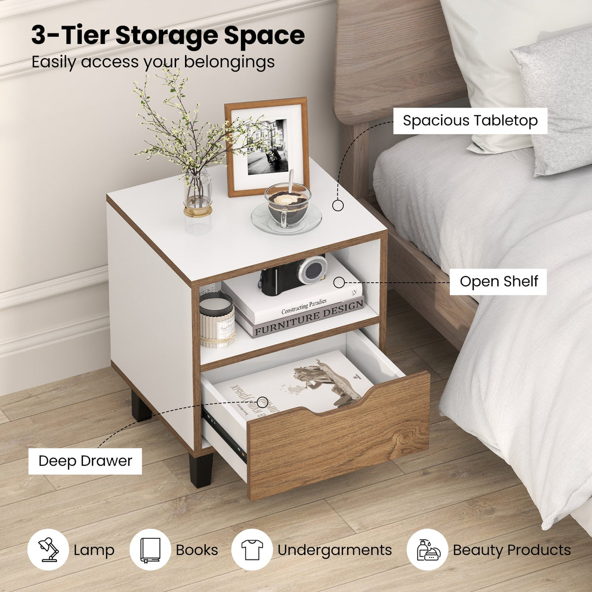 Nightstand with Drawer and Open Storage Shelf for Bedroom-White