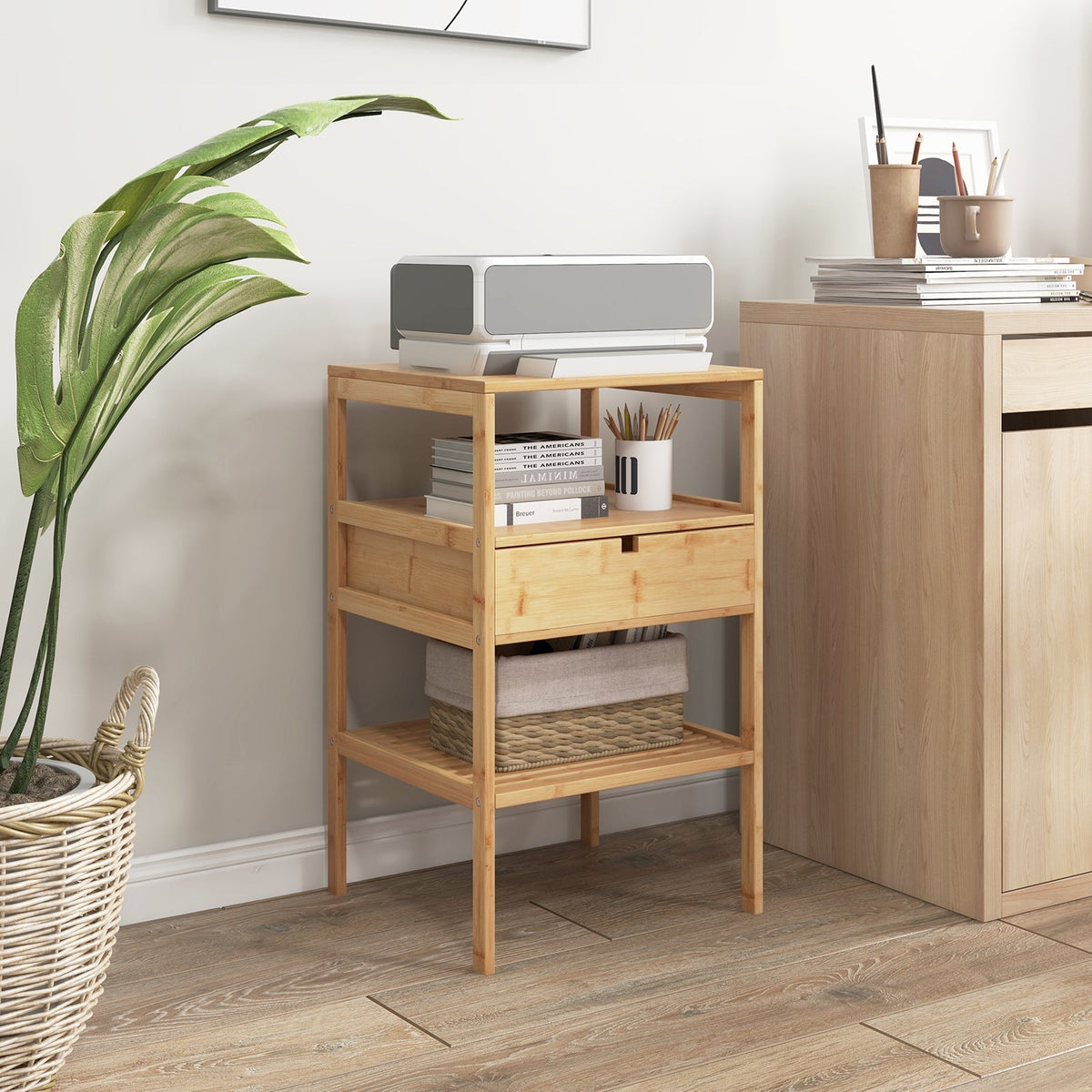 Bamboo Nightstand with Storage Drawer and Slatted Shelf