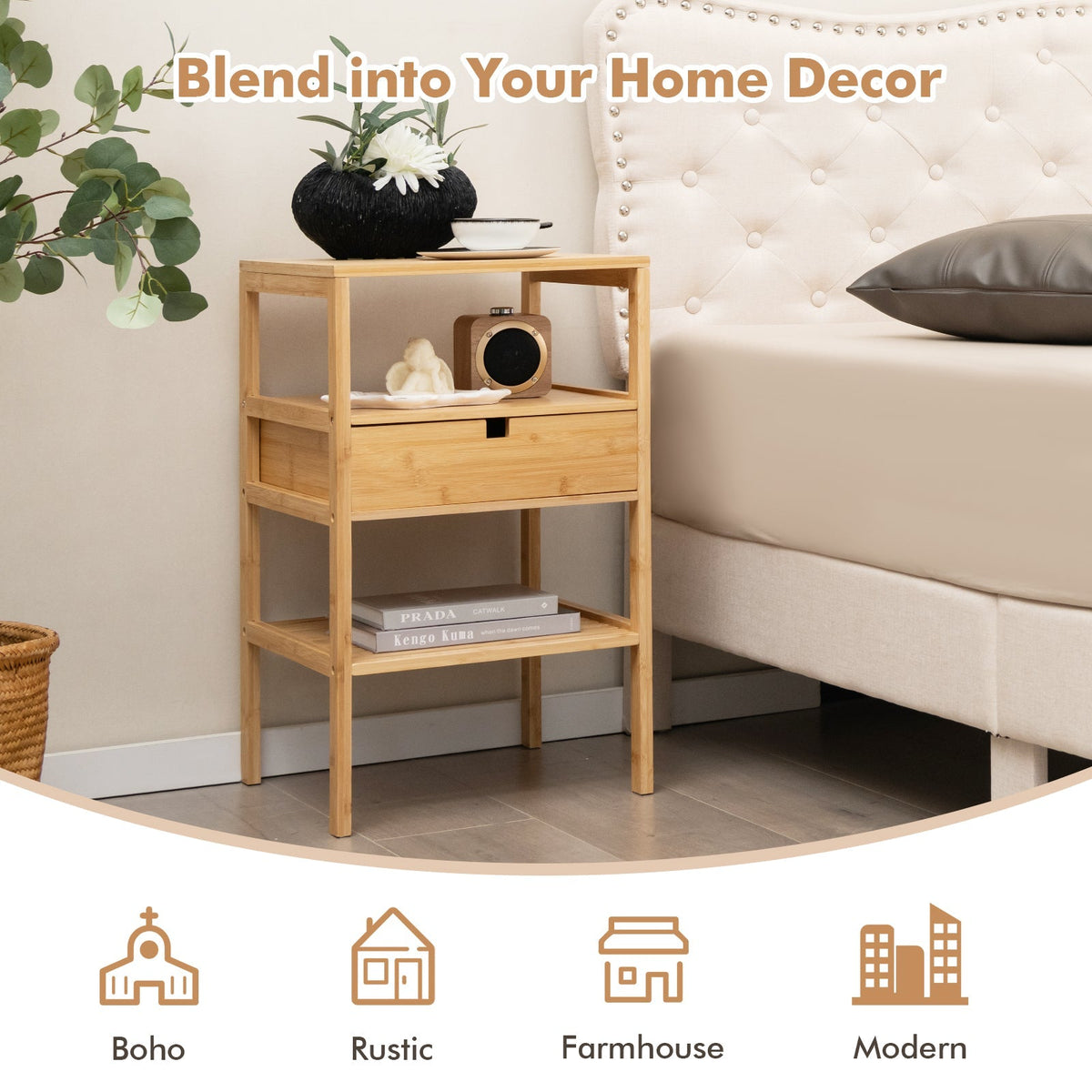 Bamboo Nightstand with Storage Drawer and Slatted Shelf