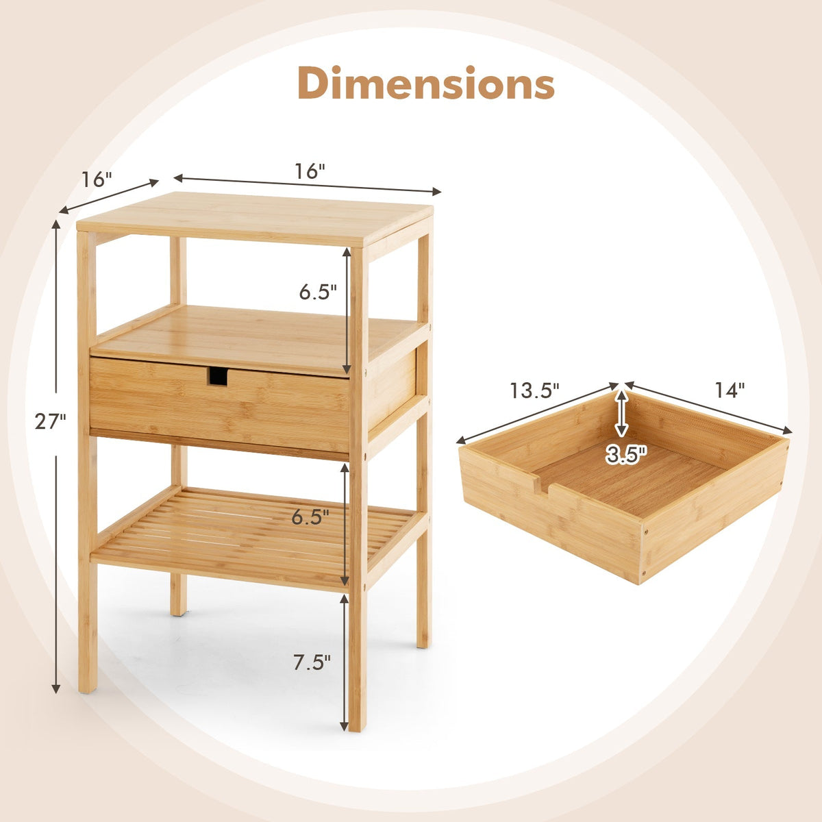 Bamboo Nightstand with Storage Drawer and Slatted Shelf