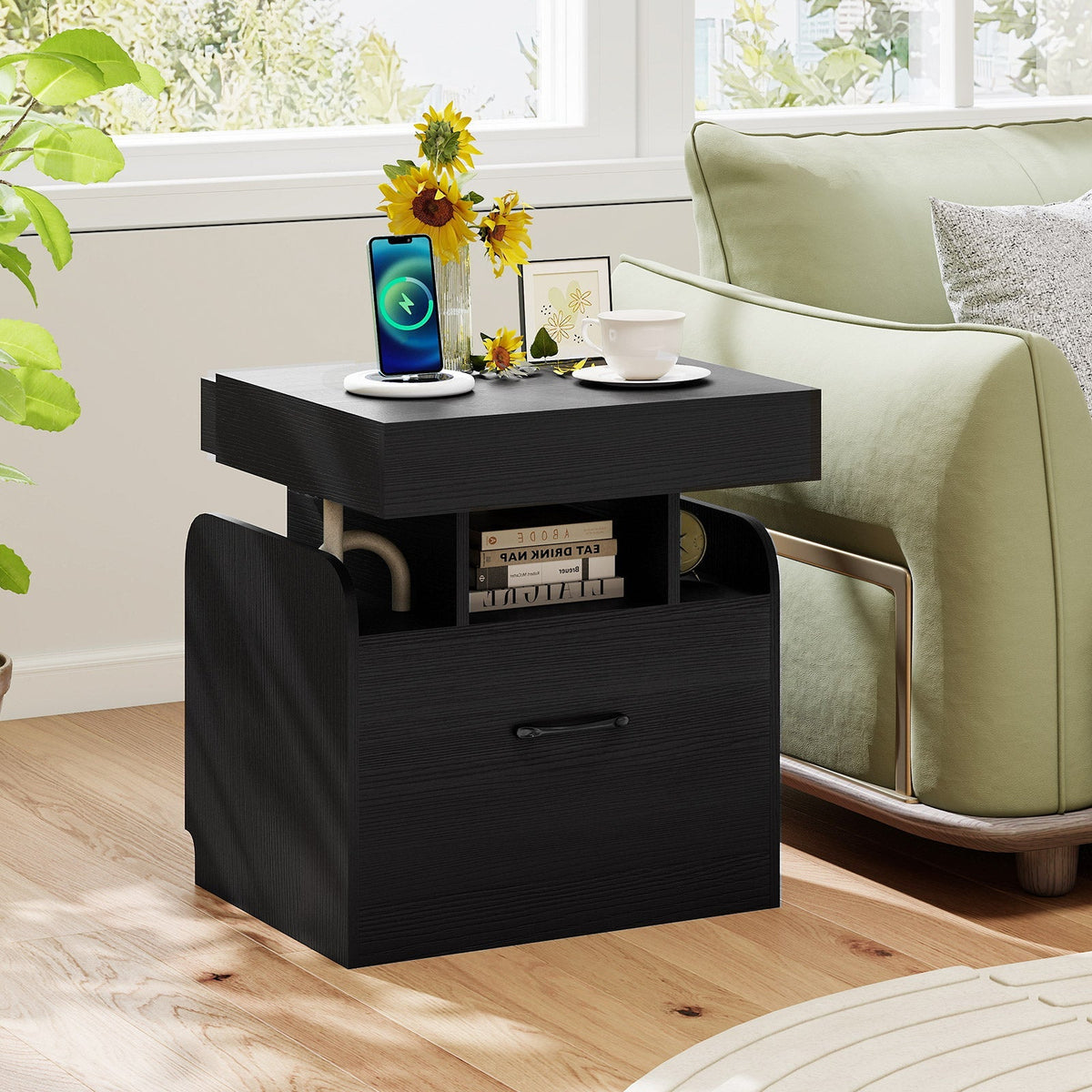 Nightstand with Charging Station Modern Bedside Table for Living Room Bedroom Office