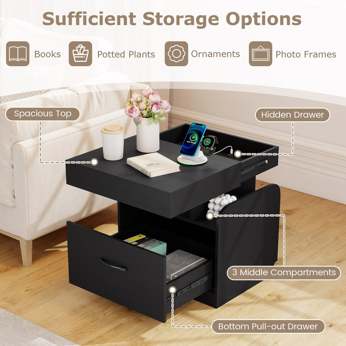 Nightstand with Charging Station Modern Bedside Table for Living Room Bedroom Office