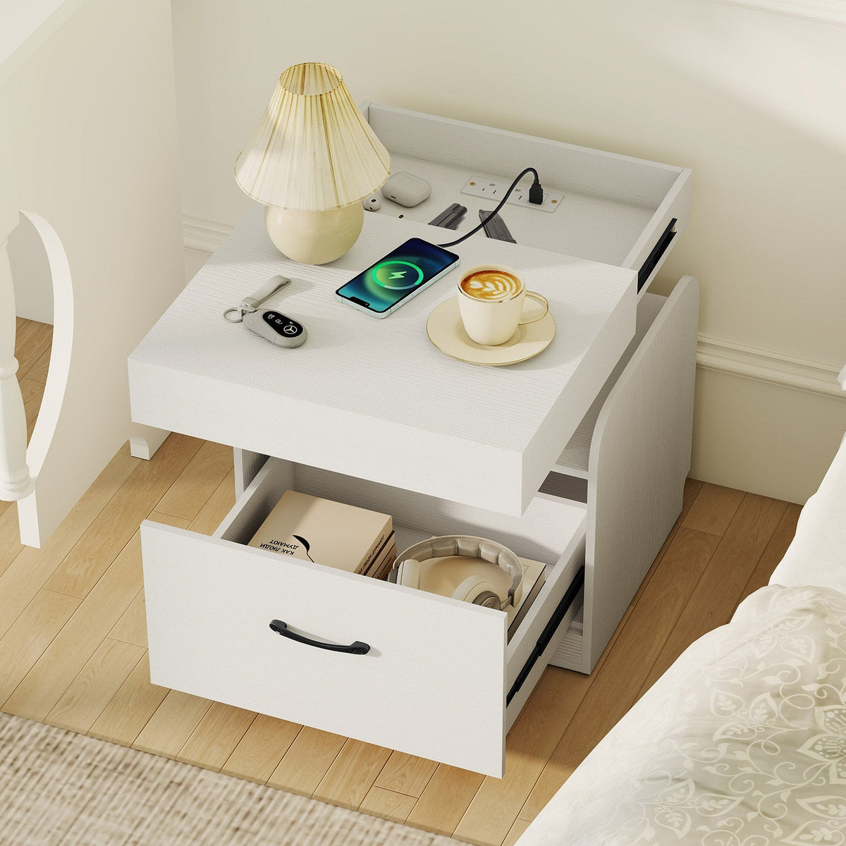 Nightstand with Charging Station Modern Bedside Table for Living Room Bedroom Office