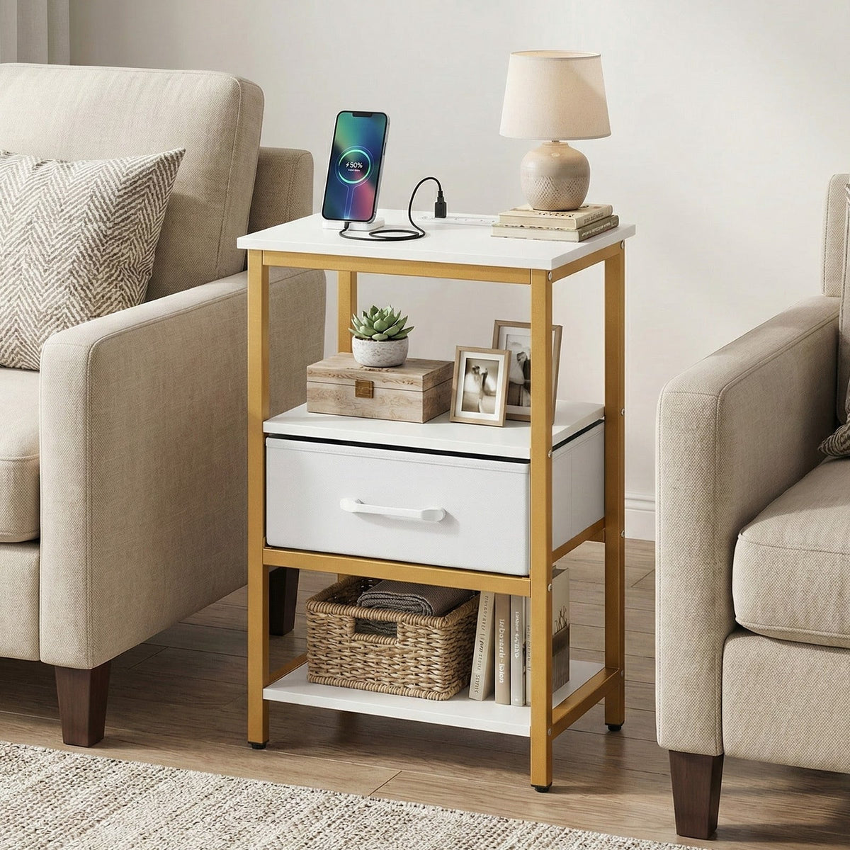 Nightstand with Charging Station and Adjustable Fabric Drawer for Bedroom and Living Room
