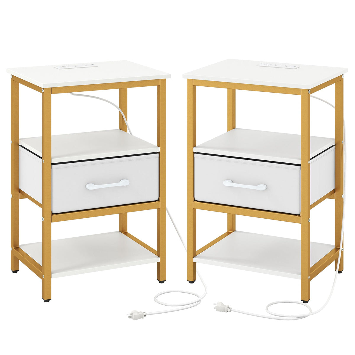 Nightstand with Charging Station and Adjustable Fabric Drawer for Bedroom and Living Room