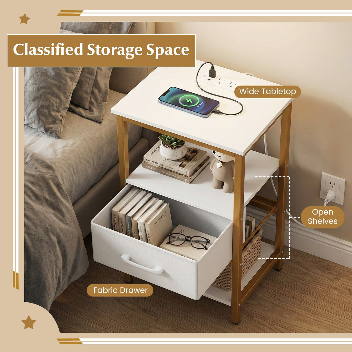 Nightstand with Charging Station and Adjustable Fabric Drawer for Bedroom and Living Room