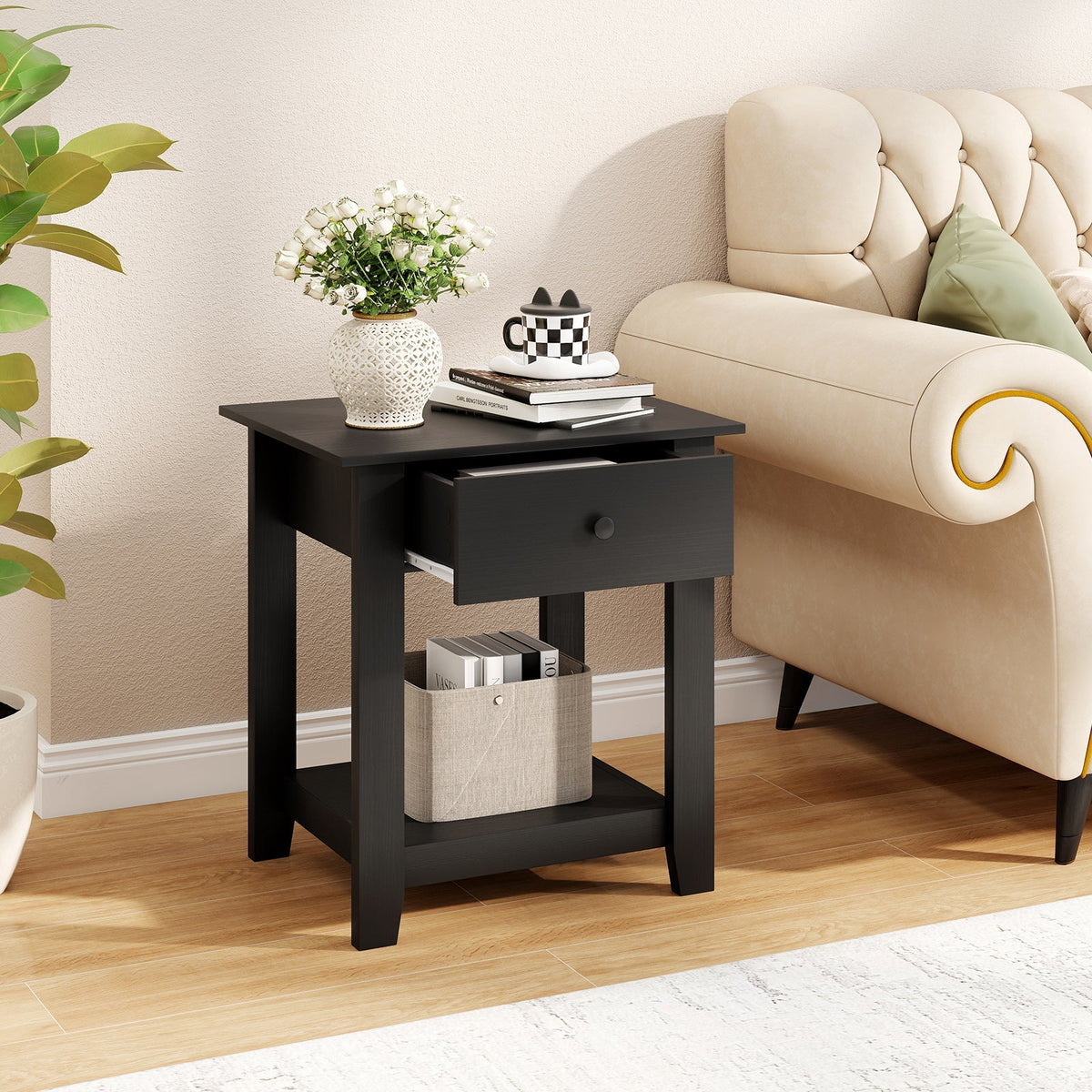 Nightstand with Drawer 3-Tier Modern Bedside Table with Open Shelf and Storage