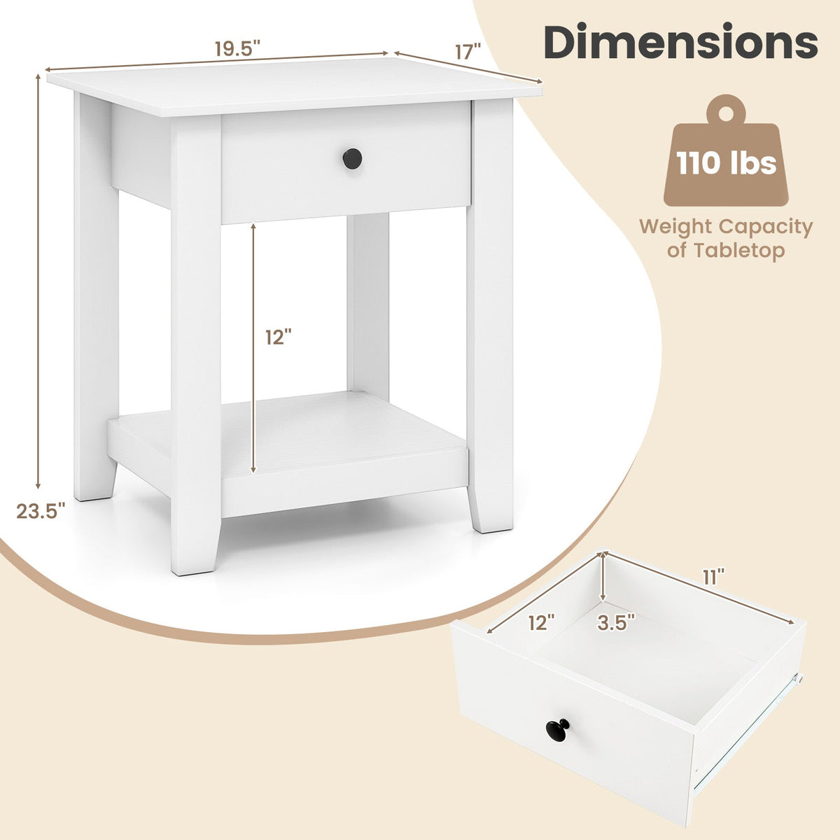 Nightstand with Drawer 3-Tier Modern Bedside Table with Open Shelf and Storage
