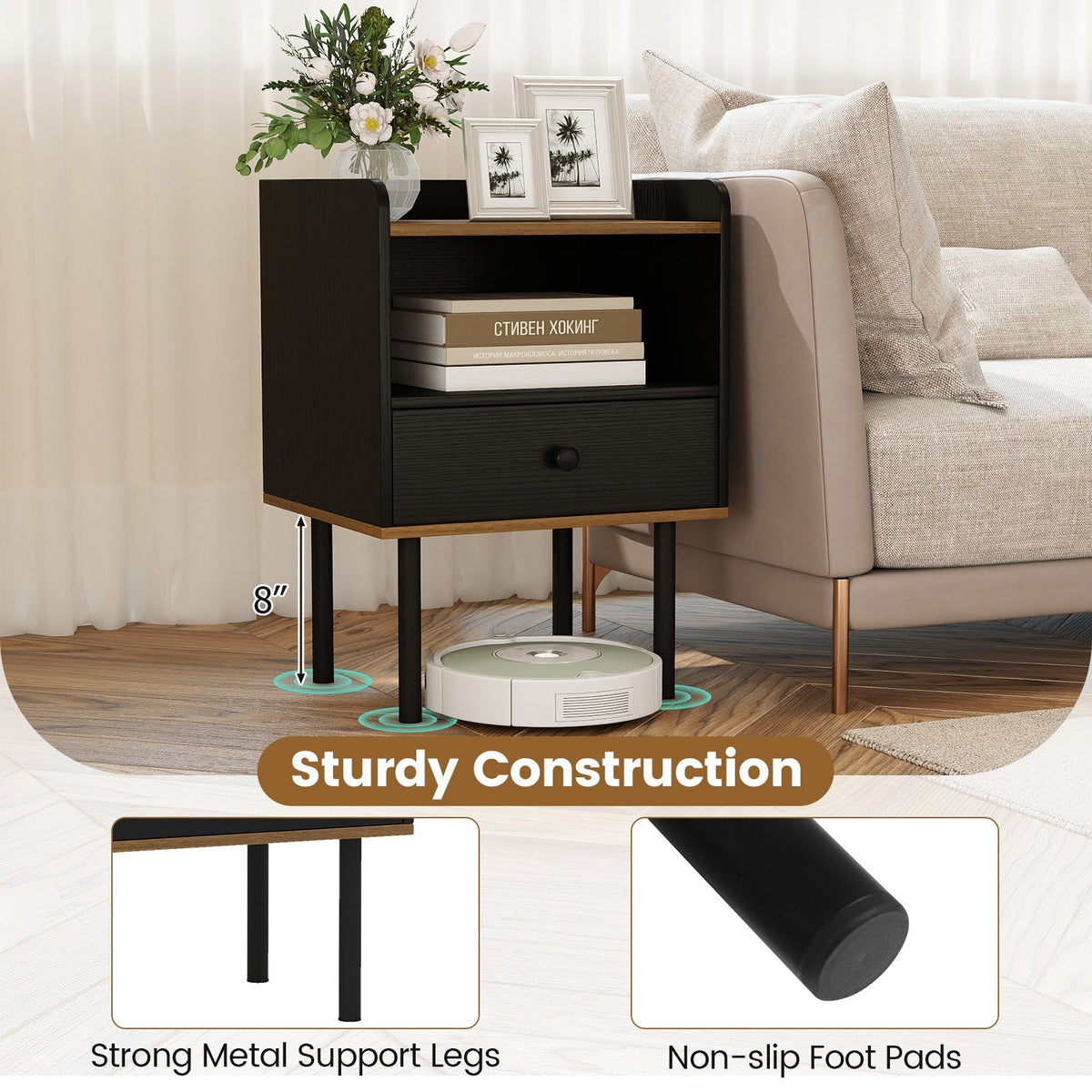 Nightstand with Drawer 3-Tier Sofa Side Table with Open Storage Shelf-Black