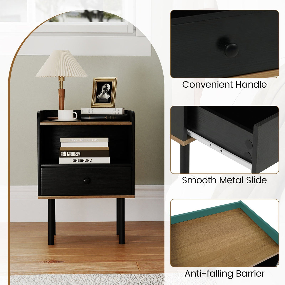 Nightstand with Drawer 3-Tier Sofa Side Table with Open Storage Shelf-Black