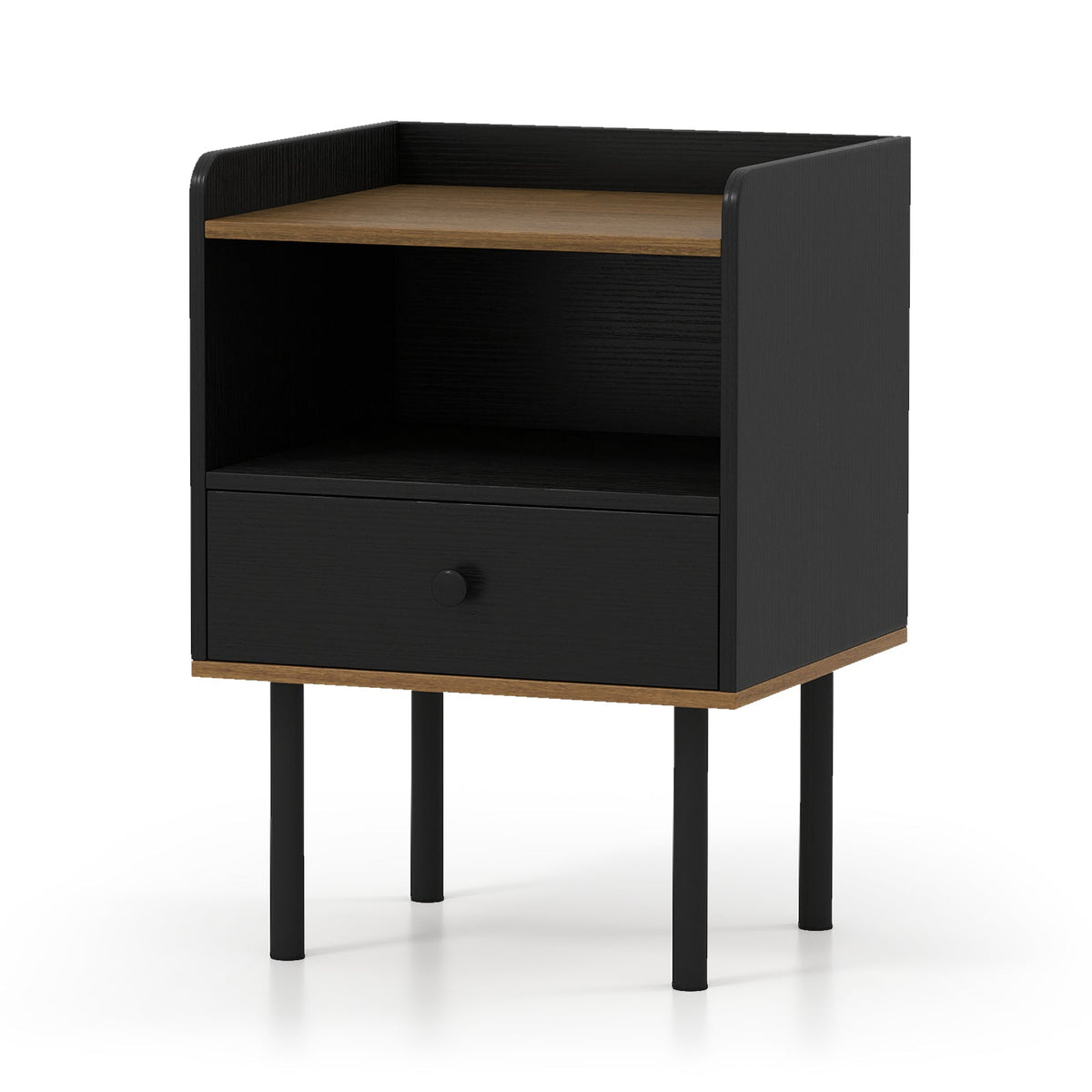Nightstand with Drawer 3-Tier Sofa Side Table with Open Storage Shelf-Black