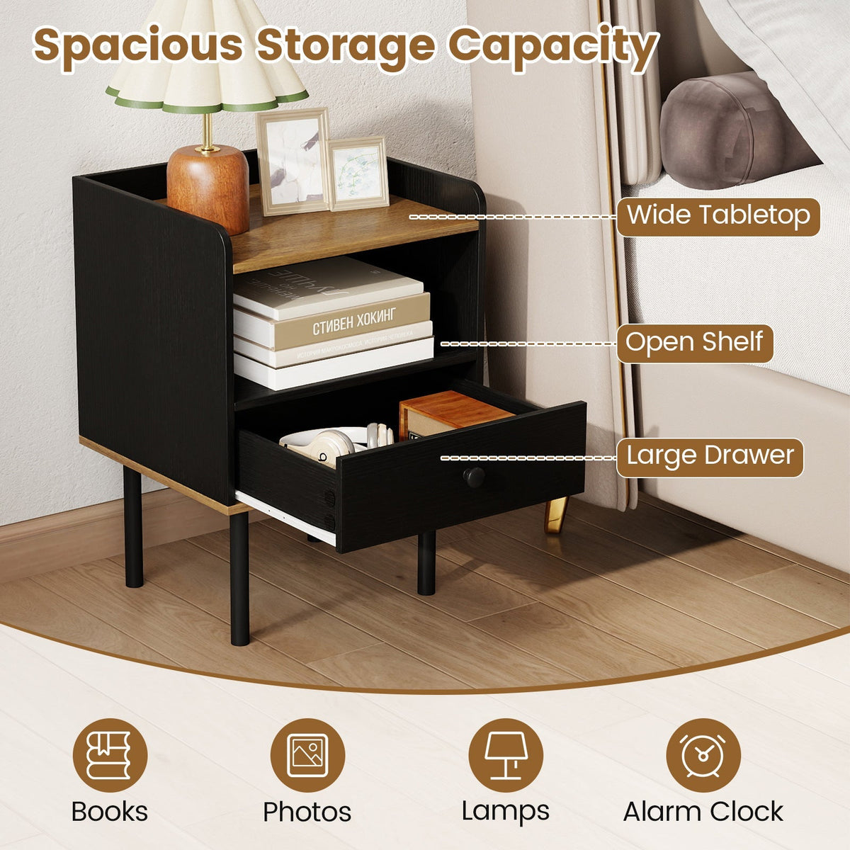 Nightstand with Drawer 3-Tier Sofa Side Table with Open Storage Shelf Set of 2-Black