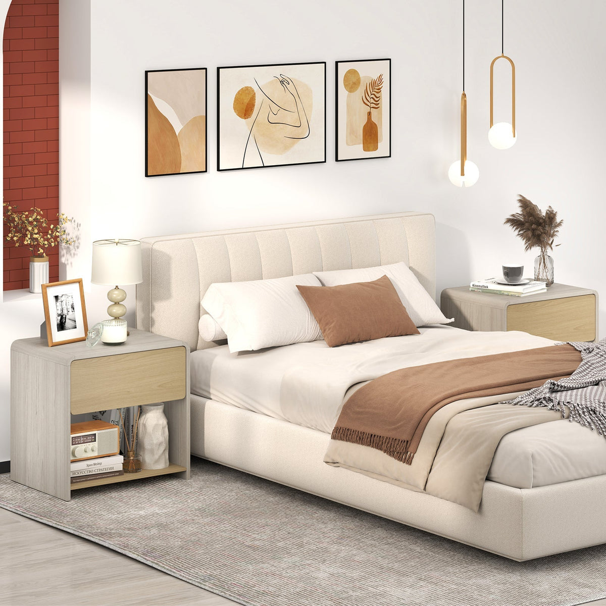 Mesita de Noche de 2 Niveles Estilo Moderno con Cajón y Estante Abierto - Roble