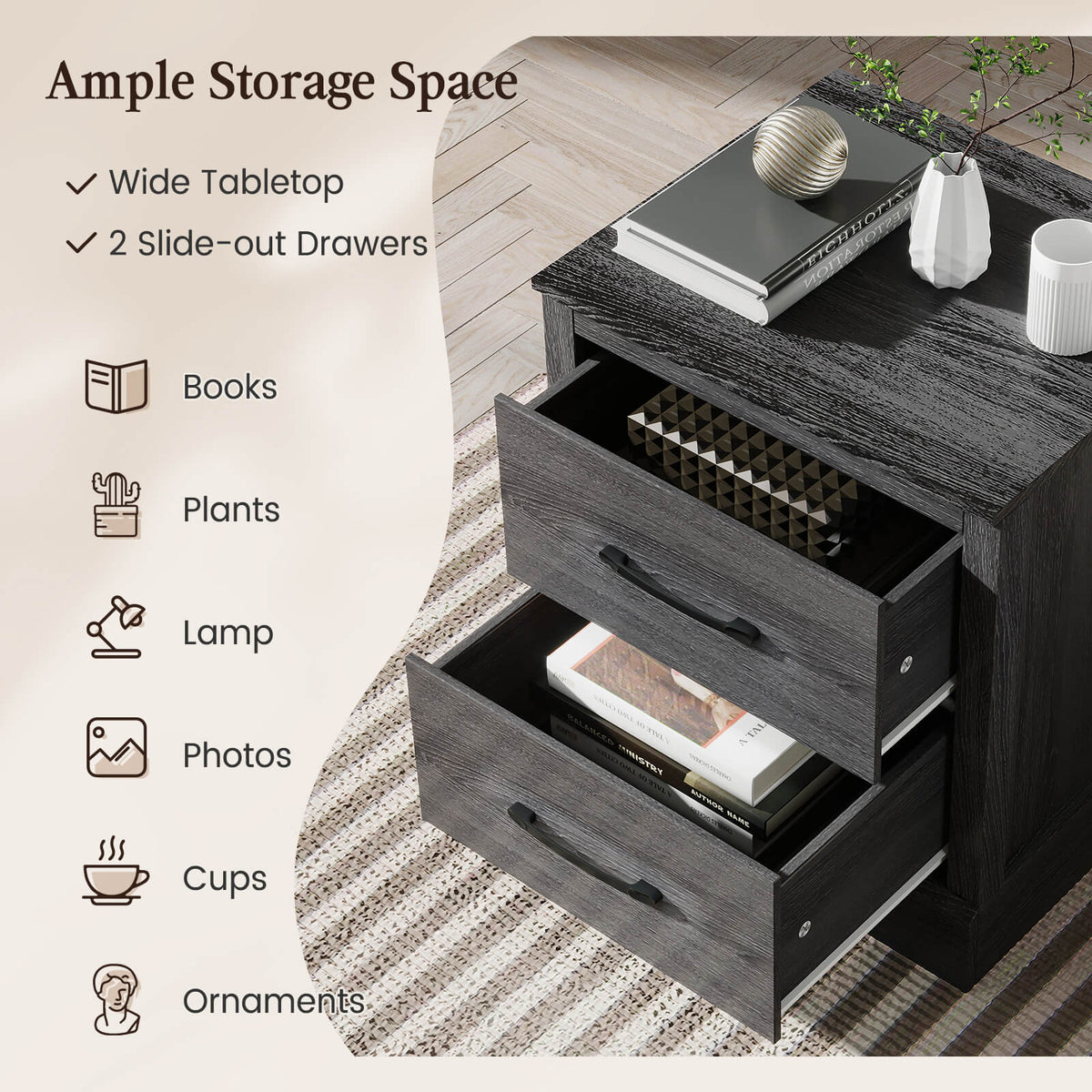 Wood Compact Floor Nightstand with Storage Drawers