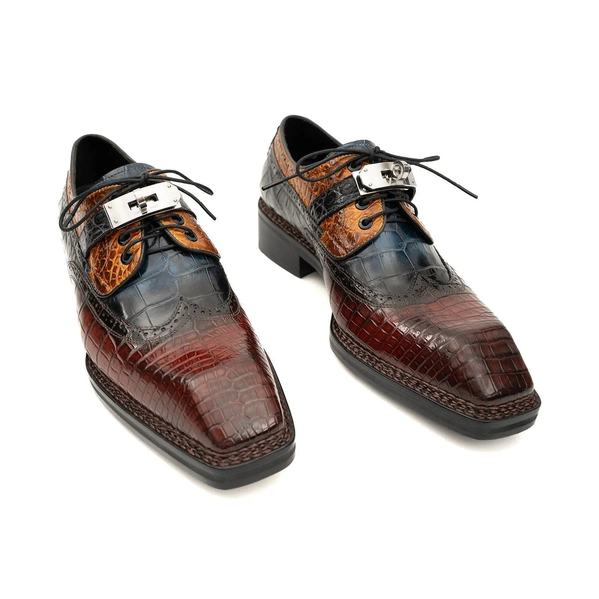Multicolor Square-Toe Crocodile Leather Derby Shoes