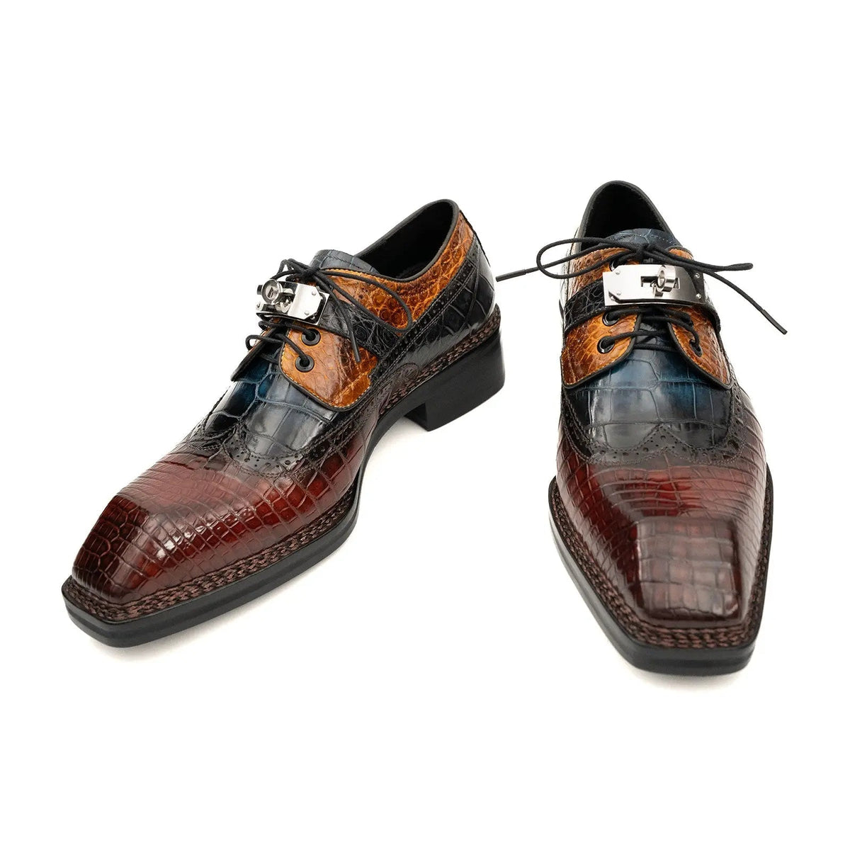 Multicolor Square-Toe Crocodile Leather Derby Shoes