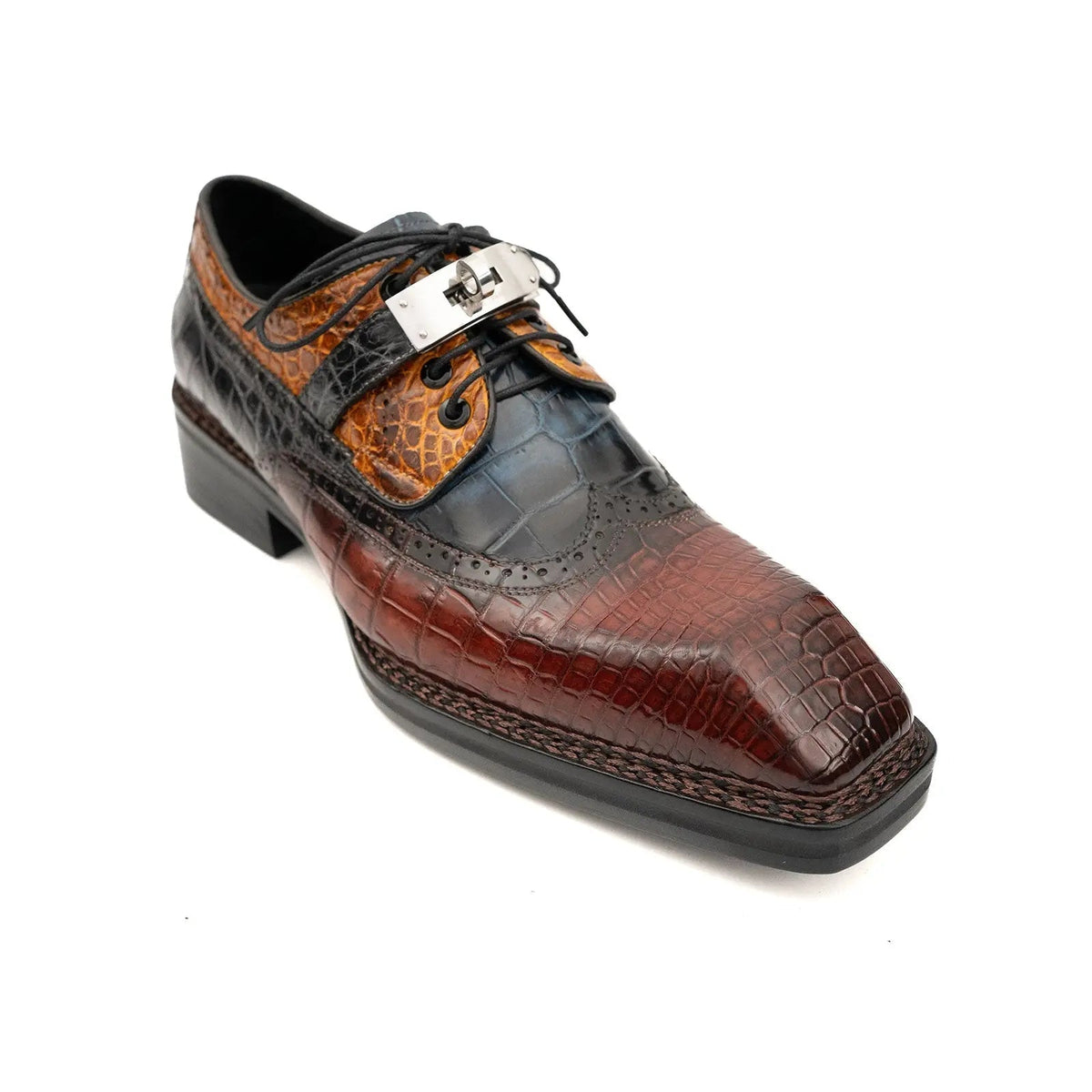 Multicolor Square-Toe Crocodile Leather Derby Shoes
