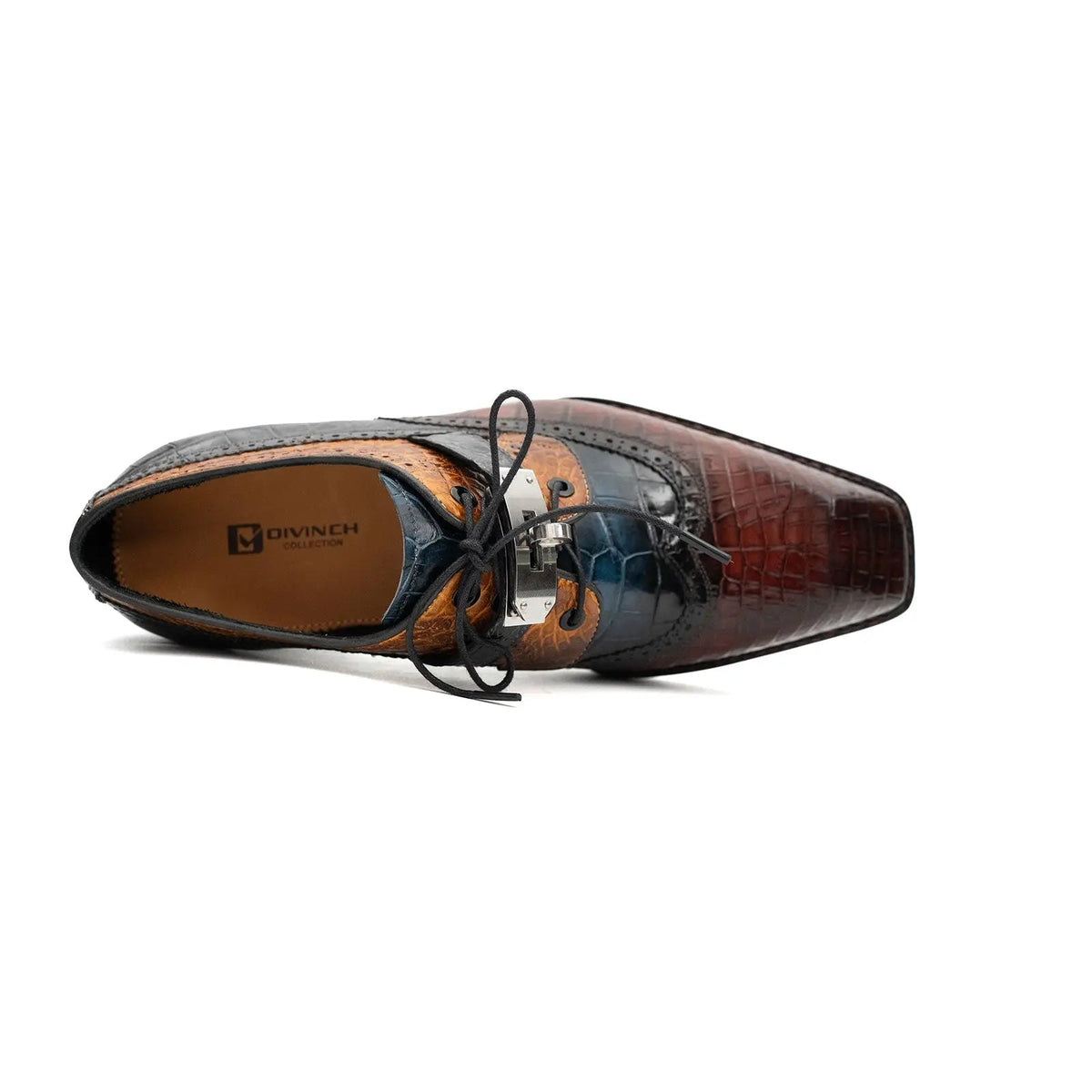 Multicolor Square-Toe Crocodile Leather Derby Shoes