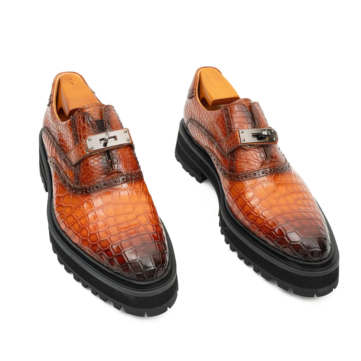 Orange-Brown Crocodile Leather Monk Shoes
