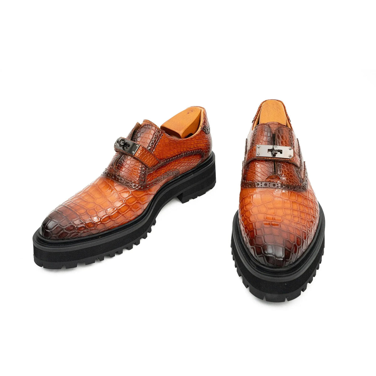 Orange-Brown Crocodile Leather Monk Shoes