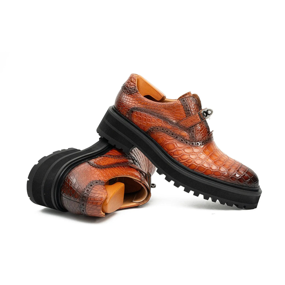 Orange-Brown Crocodile Leather Monk Shoes